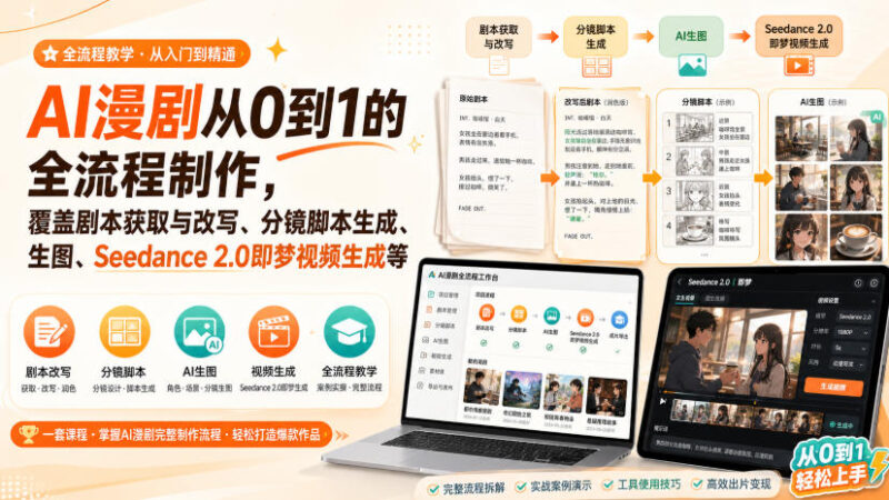 AI漫剧从0到1的全流程制作，覆盖剧本获取与改写、分镜脚本生成、角色场景生图与三视图、Seedance 2.0即梦视频生成(PDF版)-网创在线