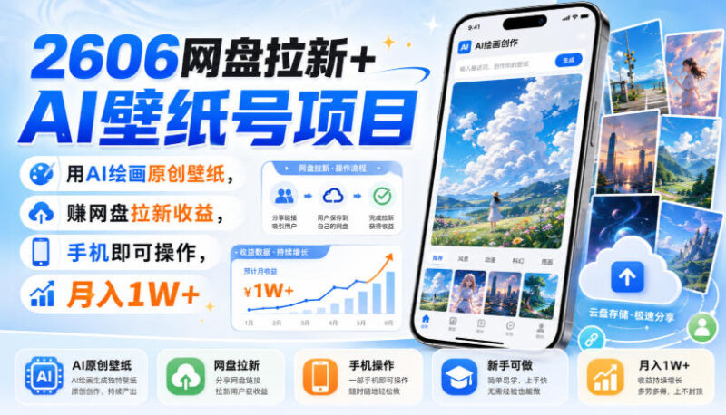 2606网盘拉新+AI壁纸号项目，用AI绘画原创壁纸，賺网盘拉新收益，手机即可操作，月入1W+