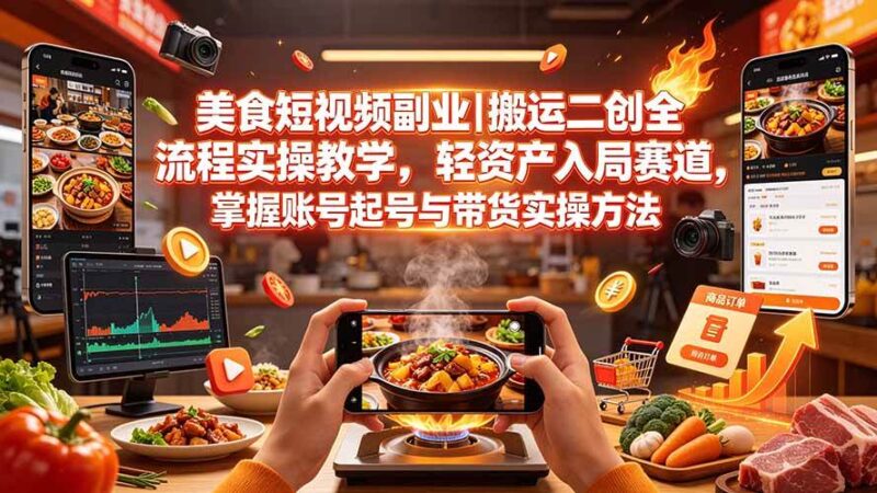 （19535期）美食短视频副业｜搬运二创全流程实操教学，轻资产入局赛道，掌握账号起号与带货实操方法-网创在线