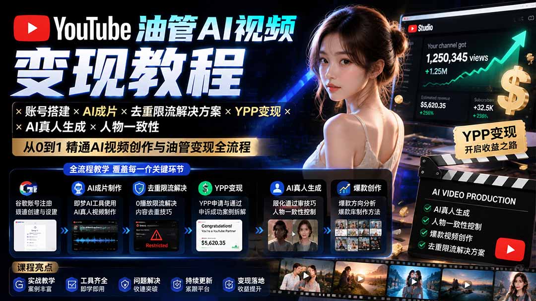 图片[1]-YouTube油管AI视频变现教程-更新：账号搭建×AI成片×去重限流解决方案×YPP变现×AI真人生成×人物一致性