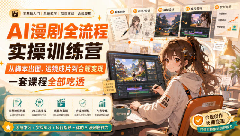 AI漫剧全流程实操训练营，从脚本出图、运镜成片到合规变现，一套课程全部吃透-网创在线