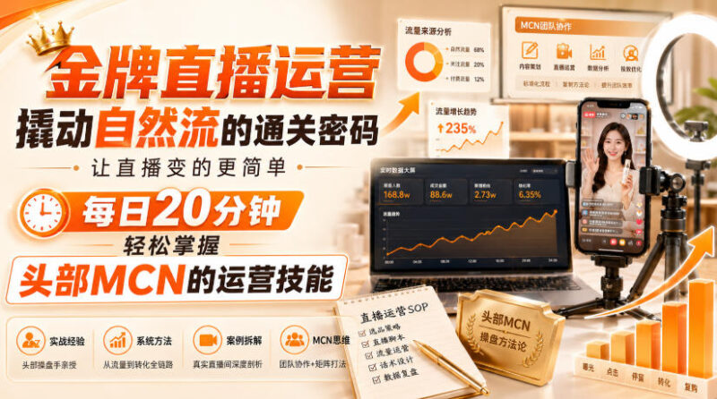 金牌直播运营撬动自然流的通关密码,让直播变的更简单,每日20分钟,轻松掌握头部MCN的运营技能-网创在线