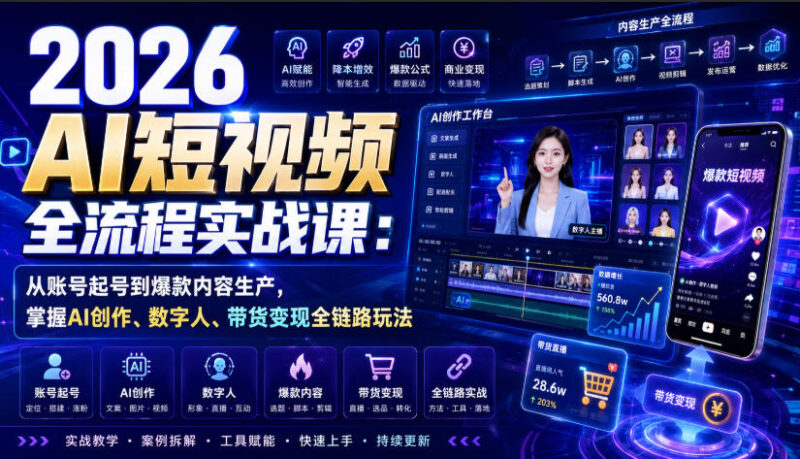 2026 AI短视频全流程实战课：从账号起号到爆款内容生产，掌握AI创作、数字人、带货变现全链路玩法