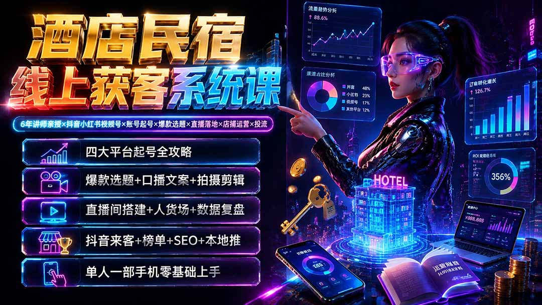 图片[1]-酒店民宿线上获客系统课：6年讲师亲授×抖音小红书视频号×账号起号×爆款选题×直播落地×店铺运营×投流