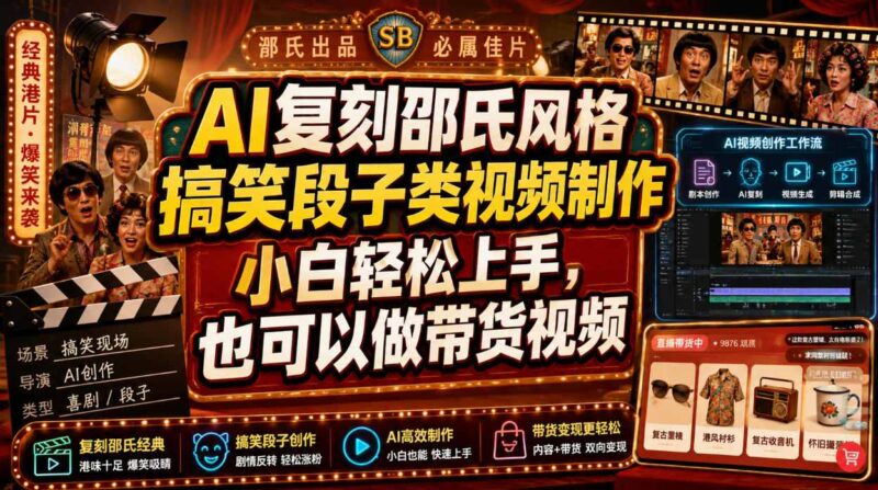 AI复刻邵氏风格搞笑段子类视频制作，小白轻松上手，也可以做带货视频