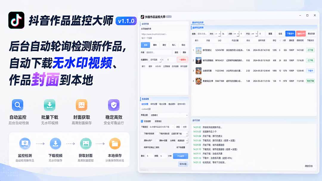 图片[2]-抖音作品监控大师v1.1.0：后台自动轮询检测新作品，自动下载无水印视频、作品封面到本地