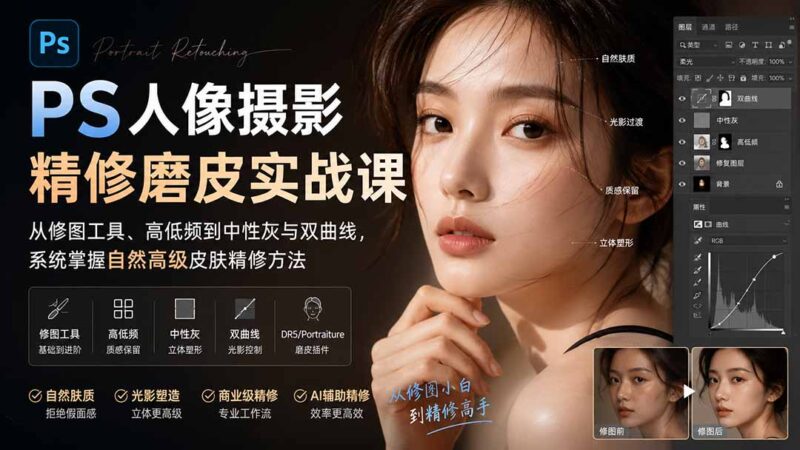 PS人像摄影精修磨皮实战课:从修图工具、高低频到中性灰与双曲线,系统掌握自然高级皮肤精修方法-网创在线