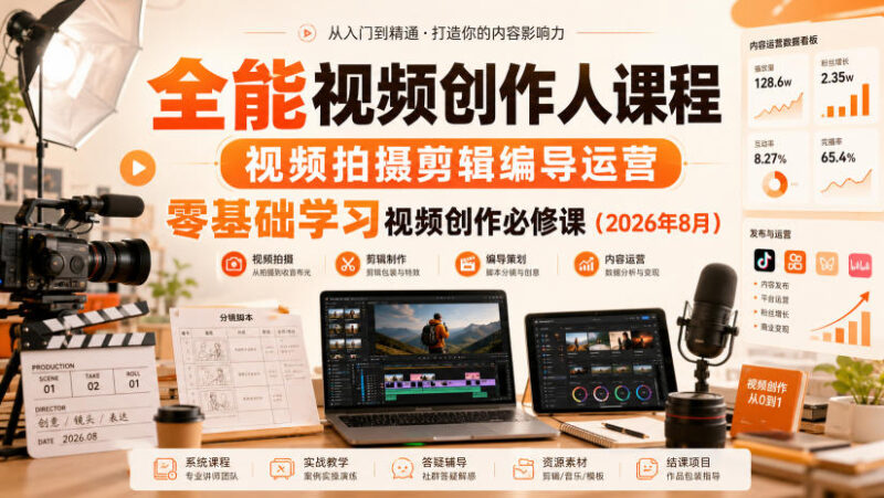 全能视频创作人课程,视频拍摄剪辑编导运营,零基础学习视频创作必修课(2026年8月)-网创在线