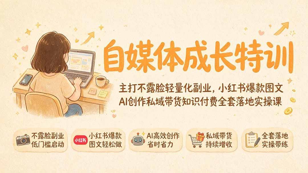 图片[1]-自媒体成长特训｜主打不露脸轻量化副业，小红书爆款图文AI创作私域带货知识付费全套落地实操课
