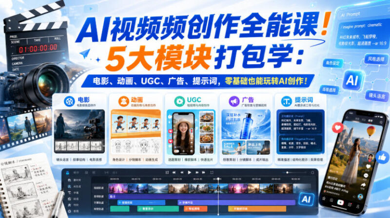 AI视频频创作全能课!5大模块打包学:电影、动画、UGC、广告、提示词,零基础也能玩转AI创作!【原创双语字幕】-网创在线