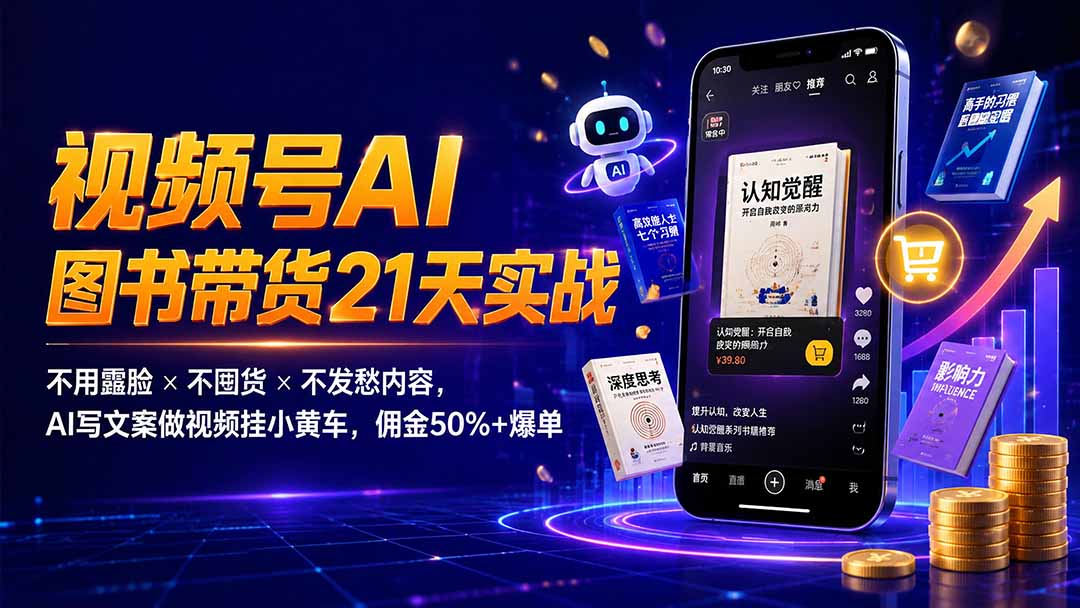 图片[1]-繁花视频号AI图书带货21天实战：不用露脸×不囤货×不发愁内容，AI写文案做视频挂小黄车，佣金50%+爆单