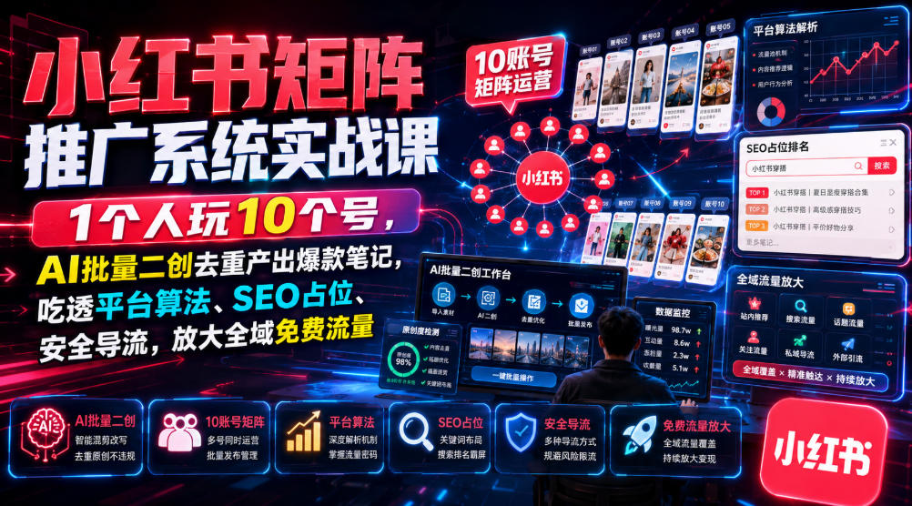 小红书矩阵推广系统实战课|1个人玩10个号,AI批量二创去重产出爆款笔记,吃透平台算法、SEO占位、安全导流,放大全域免费流量 小红书矩阵推广系统实战课|1个人玩10个号,AI批量二创去重产出爆款笔记,吃透平台算法、SEO占位、安全导流,放大全域免费流量