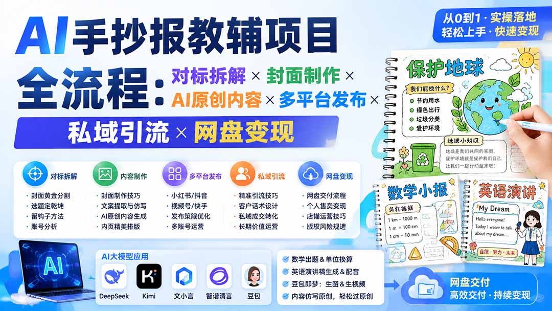 图片[1]-AI手抄报教辅项目全流程：对标拆解×封面制作×AI原创内容×多平台发布×私域引流×网盘变现
