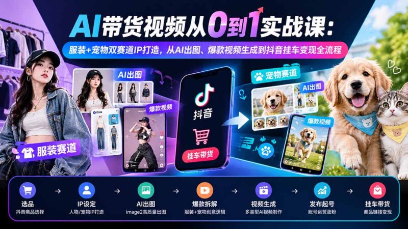 AI带货视频从0到1实战课:服装+宠物双赛道IP打造,从AI出图、爆款视频生成到抖音挂车变现全流程-网创在线