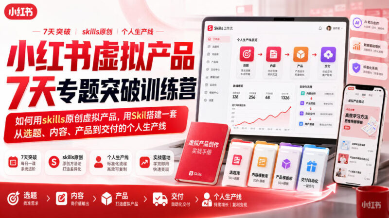 小红书虚拟产品7天专题突破训练营,如何用skills原创虚拟产品,用Skil搭建一套从选题、内容、产品到交付的个人生产线-网创在线
