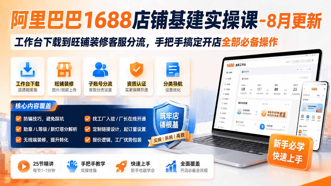 图片[1]-阿里巴巴1688店铺基建实操课-8月更新；工作台下载到旺铺装修客服分流，手把手搞定开店全部必备操作