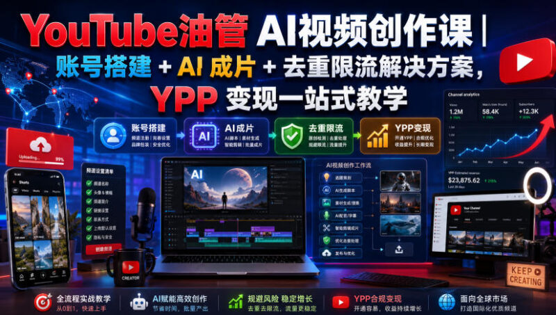 YouTube油管AI视频创作课|账号搭建+AI成片+去重限流解决方案,YPP变现一站式教学-网创在线