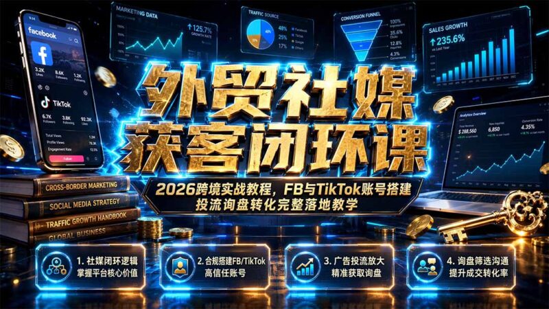 外贸社媒获客闭环课｜2026跨境实战教程，FB与TikTok账号搭建投流询盘转化完整落地教学