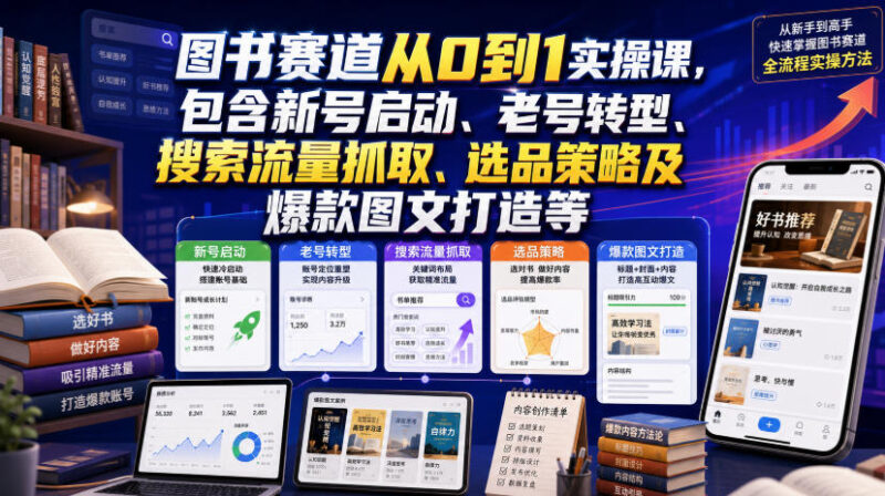 图书赛道从0到1实操课，包含新号启动、老号转型、搜索流量抓取、选品策略及爆款图文打造等