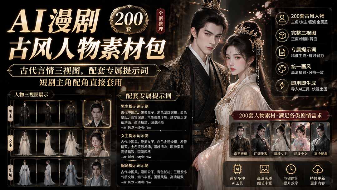 图片[2]-AI漫剧古风人物素材包+提示词｜200 套古代言情三视图，配套专属提示词短剧主角配角直接套用