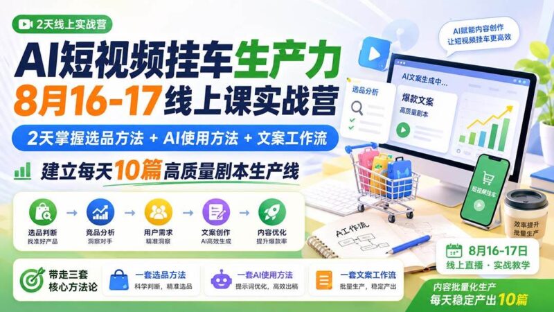 (20174期)AI短视频挂车生产力8月16-17线上课实战营:2天掌握选品方法+AI使用方法+文案工作流,建立每天10篇高质量剧本生产线-网创在线