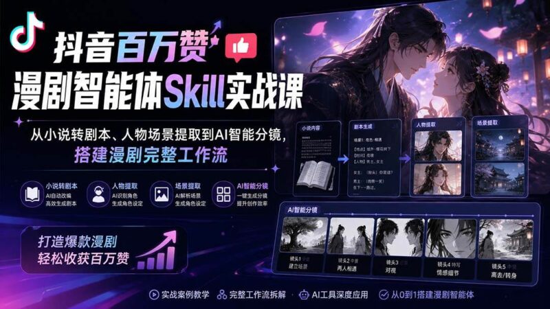 (20172期)抖音百万赞漫剧智能体Skill实战课:从小说转剧本、人物场景提取到AI智能分镜,搭建漫剧完整工作流-网创在线