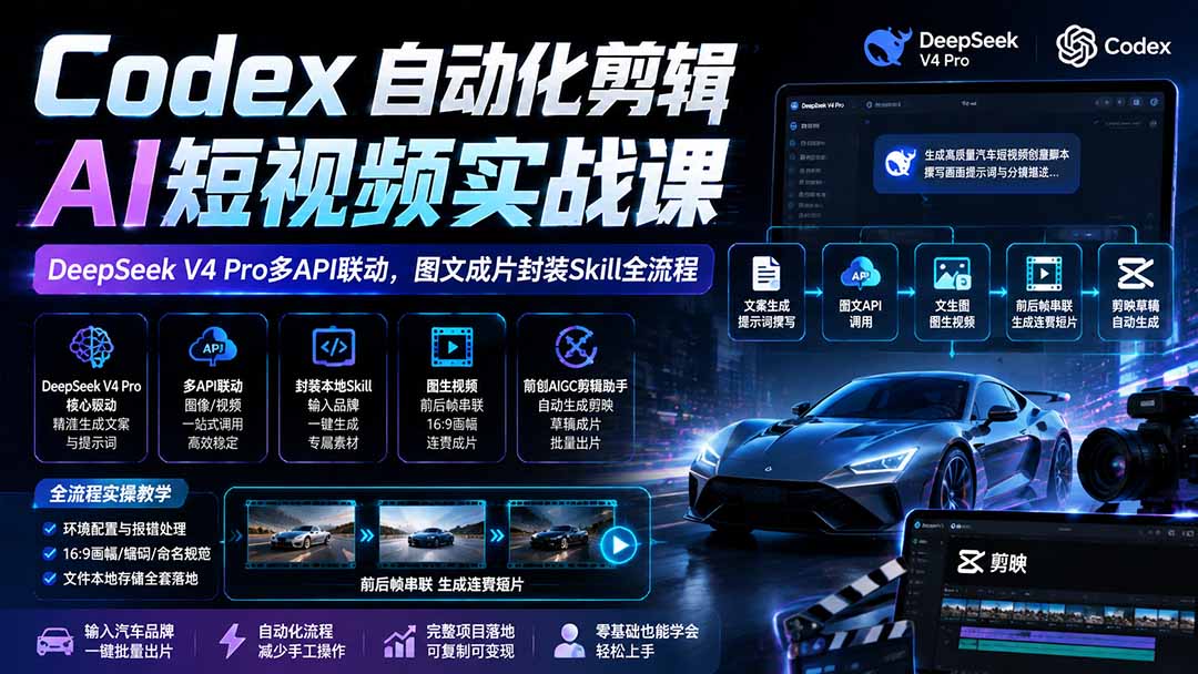 图片[1]-Codex自动化剪辑AI短视频实战课｜DeepSeek V4 Pro多API联动，图文成片封装Skill全流程