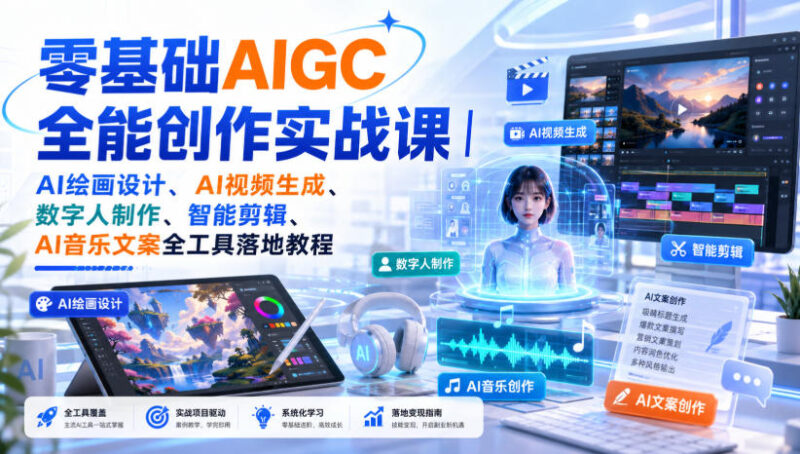 零基础AIGC全能创作实战课|AI绘画设计、AI视频生成、数字人制作、智能剪辑、AI音乐文案全工具落地教程-网创在线