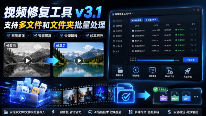 视频修复工具v3.1,支持多文件和文件夹批量处理-网创在线