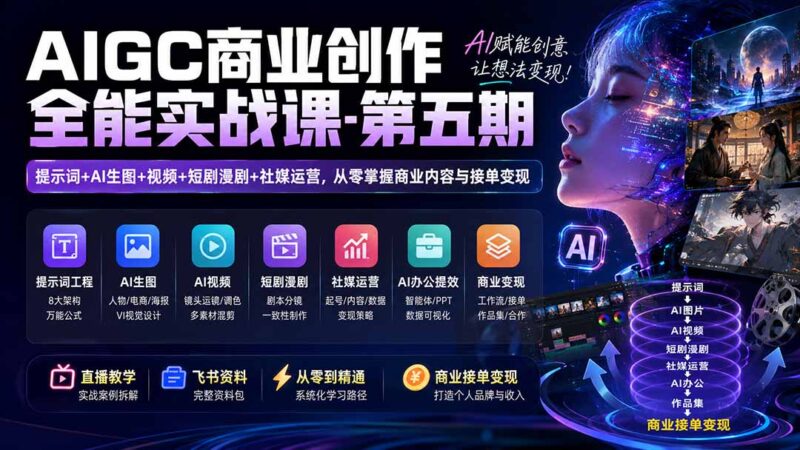 AIGC商业创作全能实战课-第五期:提示词+AI生图+视频+短剧漫剧+社媒运营,从零掌握商业内容与接单变现-网创在线