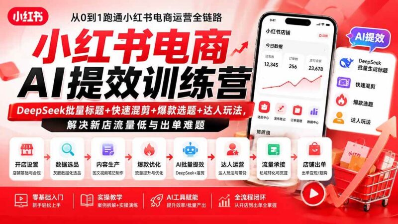 （19749期）小红书电商AI提效训练营—DeepSeek批量标题+快速混剪+爆款选题+达人玩法，解决新店流量低与出单难题-网创在线