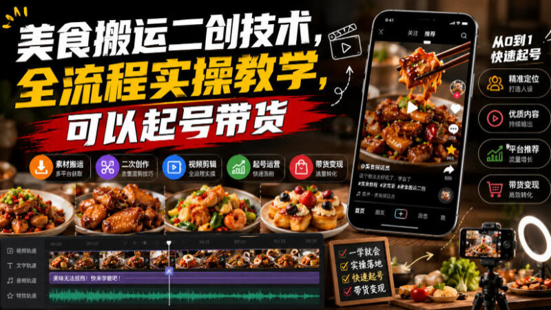 美食搬运二创技术,全流程实操教学,可以起号带货-网创在线