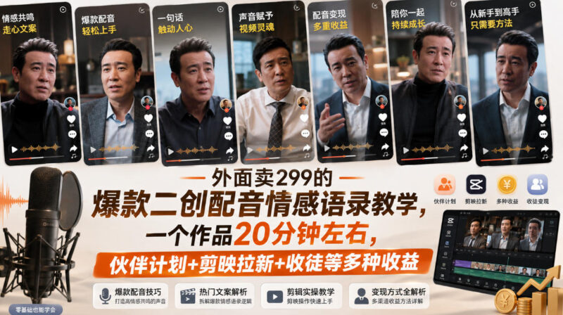 外面卖299的爆款二创配音情感语录教学,一个作品20分钟左右,伙伴计划+剪映拉新+收徒等多种收益-网创在线