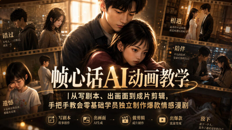 帧心话AI动画教学|从写剧本、出画面到成片剪辑,手把手教会零基础学员独立制作爆款情感漫剧-网创在线