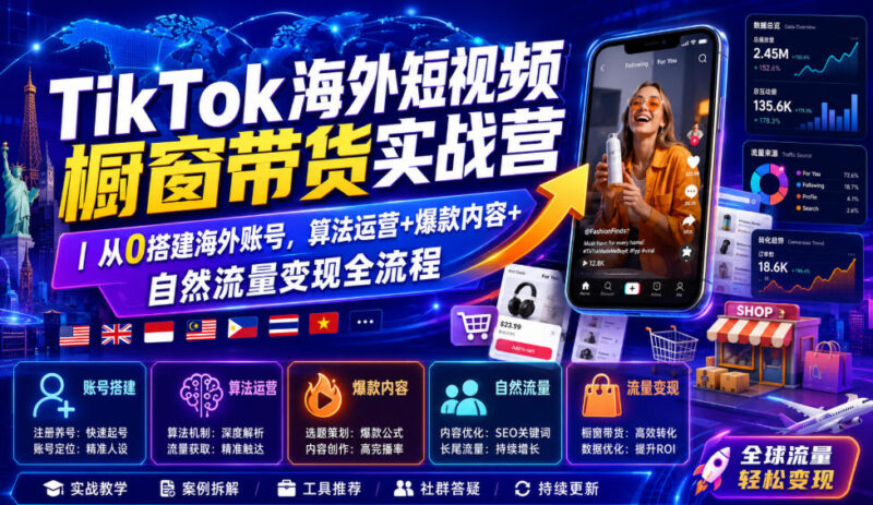 TikTok海外短视频橱窗带货实战营|从0搭建海外账号,算法运营+爆款内容+自然流量变现全流程-网创在线