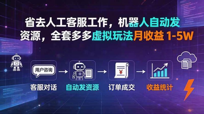 （19605期）省去人工客服工作，机器人自动发资源，全套多多虚拟玩法月收益 1-5W