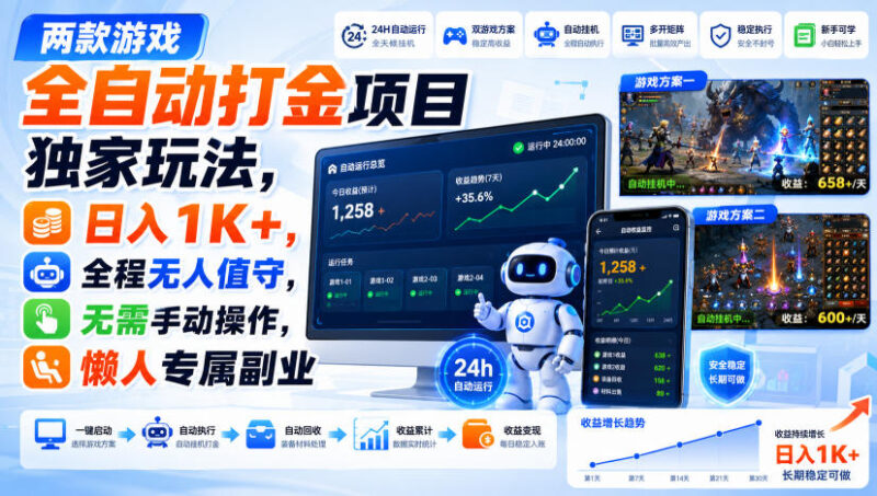 两款游戏全自动打金项目独家玩法,日入1K+,全程无人值守,无需手动操作,懒人专属副业【揭秘】-网创在线