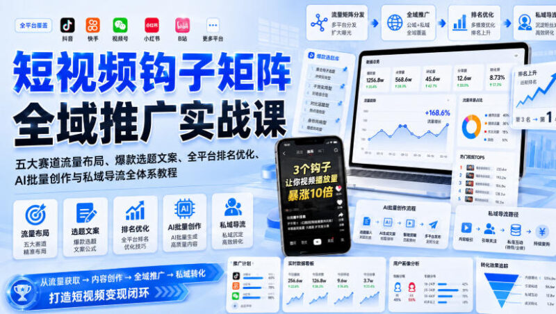 短视频钩子矩阵全域推广实战课|五大赛道流量布局、爆款选题文案、全平台排名优化、AI批量创作与私域导流全体系教程-网创在线