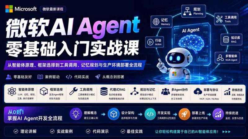 微软AI Agent零基础入门实战课:从智能体原理、框架选择到工具调用、记忆规划与生产环境部署全流程-网创在线