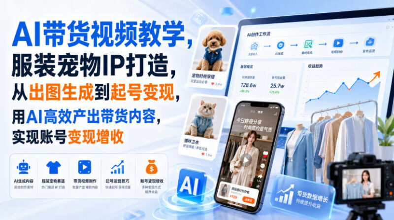 AI带货视频教学,服装宠物IP打造,从出图生成到起号变现,用AI高效产出带货内容,实现账号变现增收-网创在线