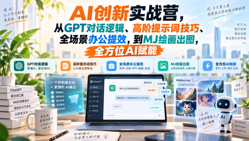 AI创新实战营，从GPT对话逻辑、高阶提示词技巧、全场景办公提效，到MJ绘画出图，全方位AI赋能-网创在线