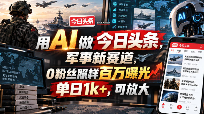 用AI做今日头条，军事新赛道，0粉丝照样百万曝光，单日1k+，可放大-网创在线