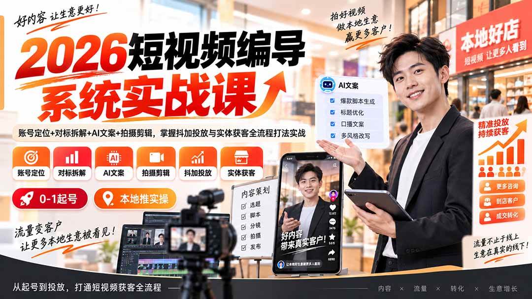 （20305期）2026短视频编导系统实战课：账号定位+对标拆解+AI文案+拍摄剪辑，掌握抖加投放与实体获客全流程打法实战-网创在线