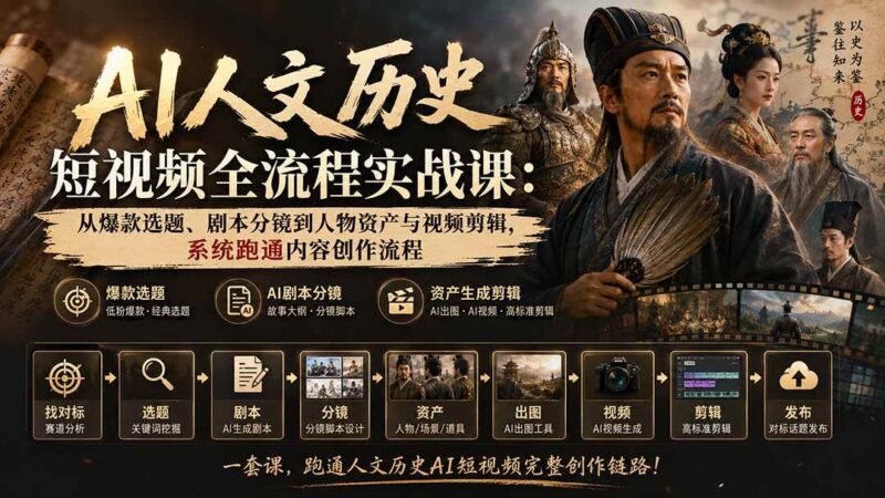 （20074期）AI人文历史短视频全流程实战课：从爆款选题、剧本分镜到人物资产与视频剪辑，系统跑通内容创作流程-网创在线