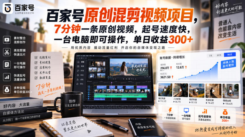 百家号原创混剪视频项目，7分钟一条原创视频，起号速度快，一台电脑即可操作，单日收益300+-网创在线