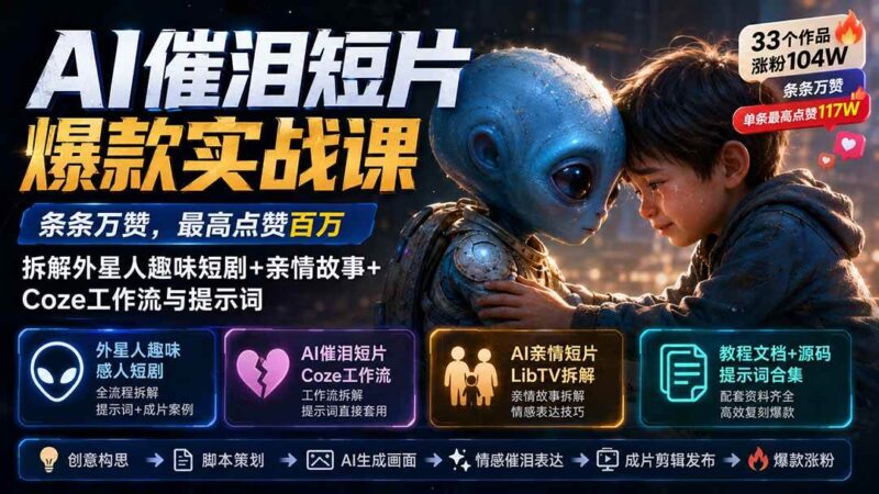 (20038期)AI催泪短片爆款实战课:条条万赞,最高点赞百万,拆解外星人趣味短剧+亲情故事+Coze工作流与提示词-网创在线