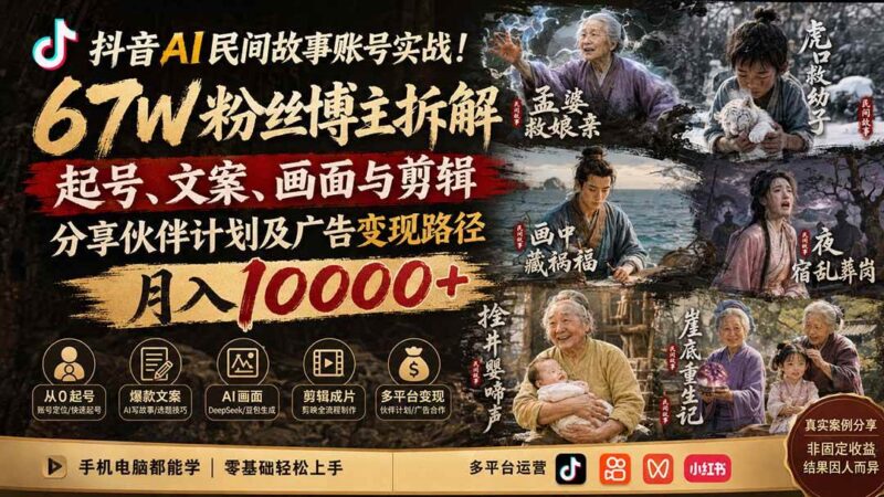 (19738期)抖音AI民间故事账号实战!67W粉丝博主拆解起号、文案、画面与剪辑,分享伙伴计划及广告变现路径,月入10000+-网创在线