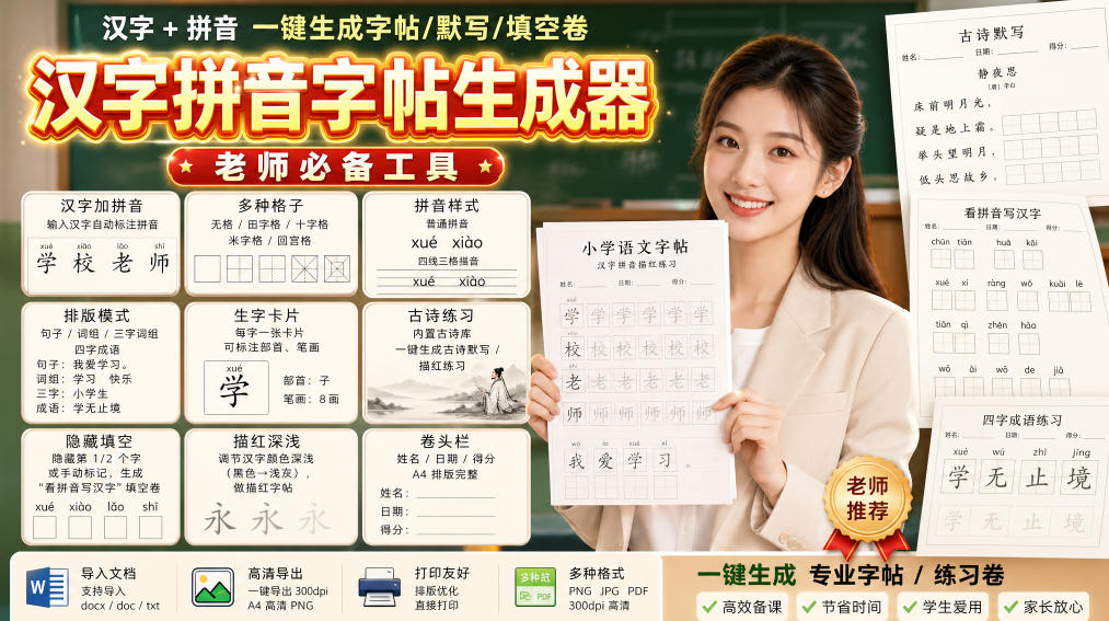 学习神器，汉字拼音字帖生成器，汉字+拼音 一键生成字帖/默写/填空卷，支持词组、成语，老师、家长必备-网创在线