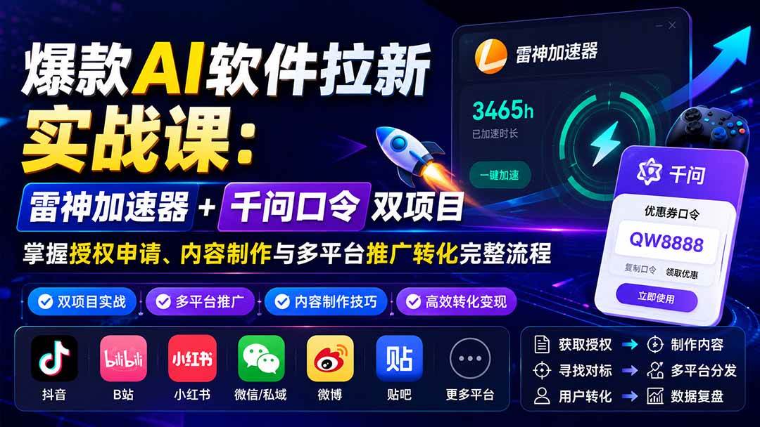（20230期）爆款AI软件拉新实战课：雷神加速器+千问口令双项目，掌握授权申请、内容制作与多平台推广转化完整流程-网创在线