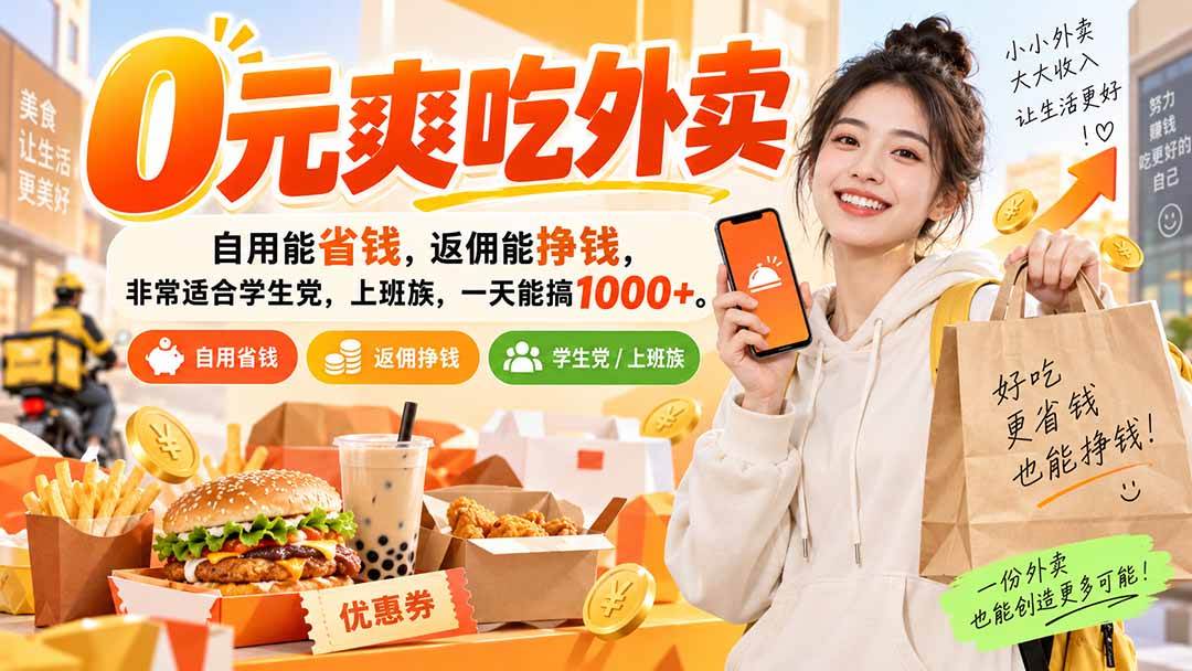 （20309期）0元爽吃外卖，自用能省钱，返佣能挣钱，非常适合学生党，上班族，一天能搞1000+-网创在线